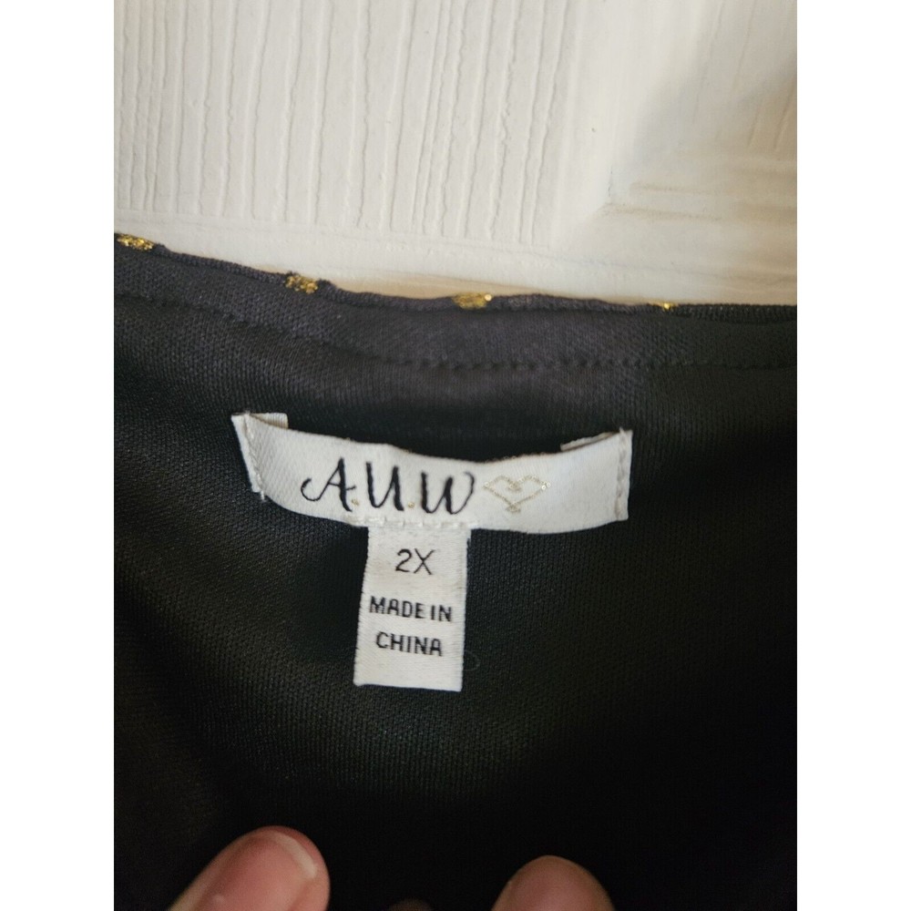 AUW 2X Black Mesh Dress With Gold Glitter Polka Dots Long Sleeve NWT - Picture 3 of 6